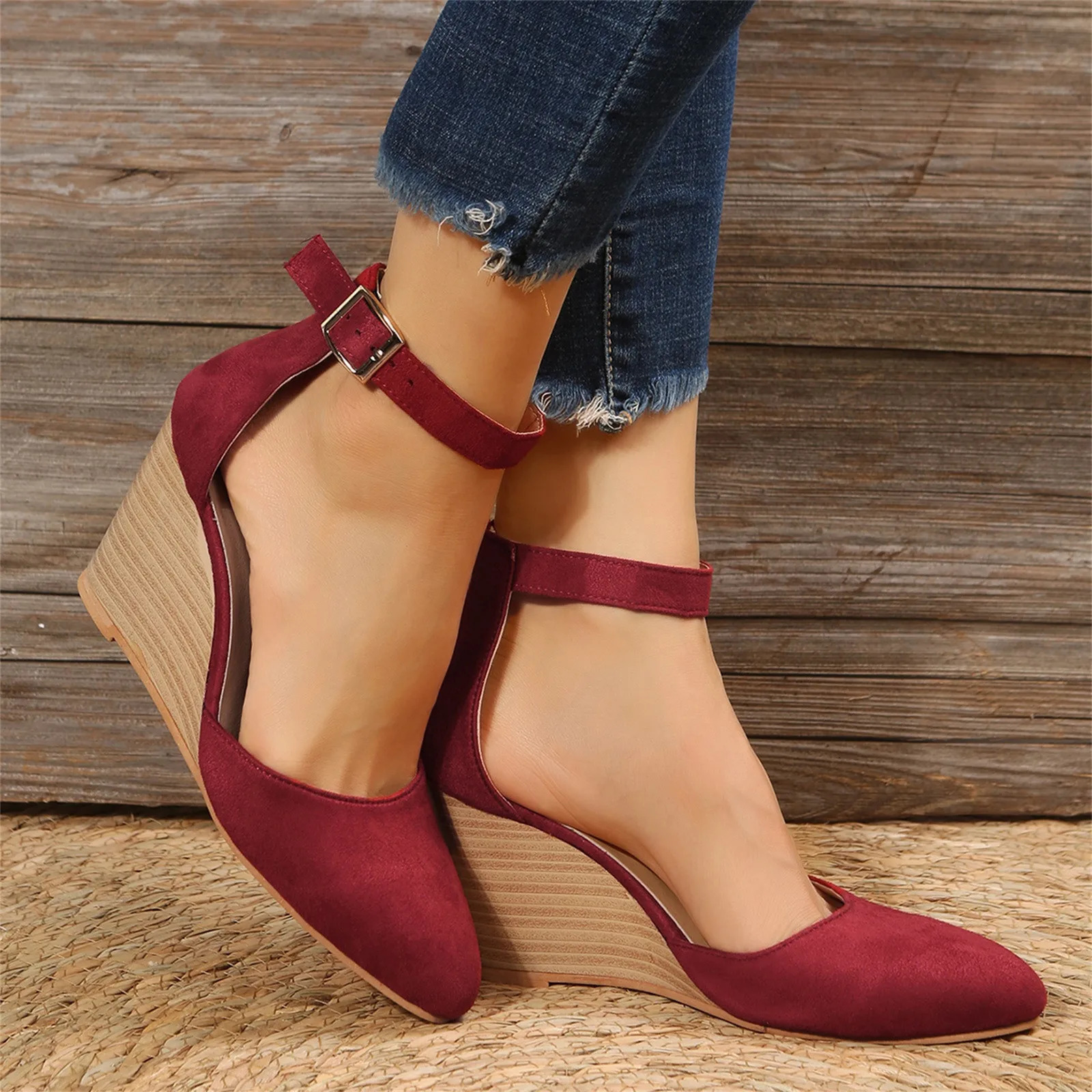 Fashion Women High Heel Sandals Closed Toe Solid Suede Pointed Wedge Heel Shoes Thick Bottom Buckle Sandals Female Footwear Sandals 250228
