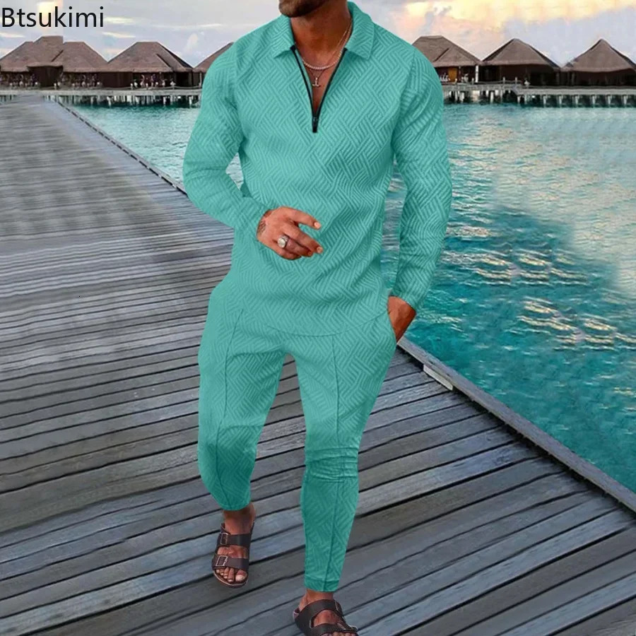 2025Spring Autumn Long Sleeve Polo ShirtSweatpants Suit Men V-neck Sweatshirt Men Streetwear Vintage Clothing Sets Tracksuits 250304