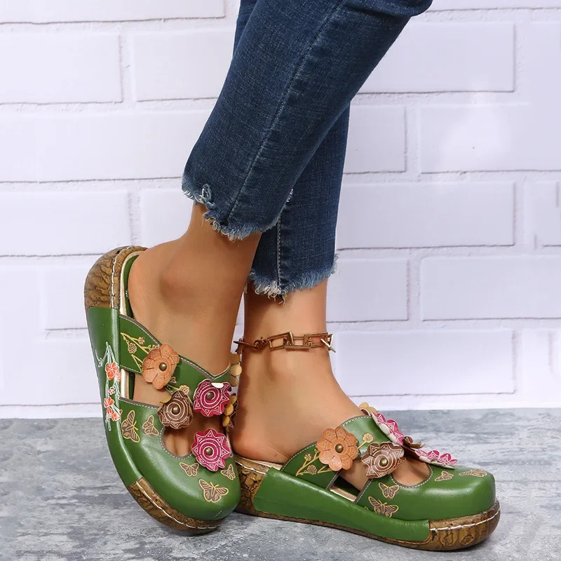 Plus Size 35-43 Shoes for Women Summer Comfortable Roman Flower Platform Sandals Non-slip Baotou Wedge Ladies Slippers 250228