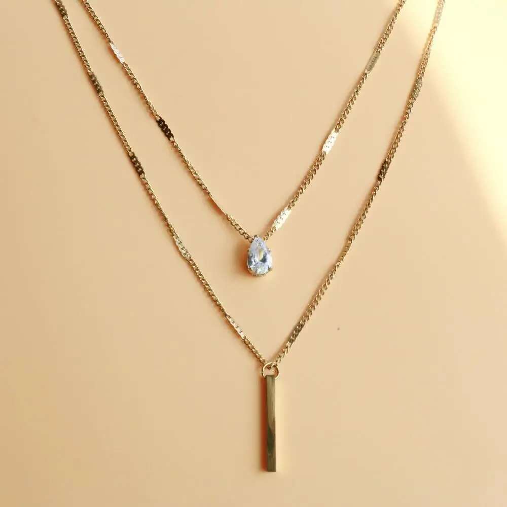 Double Layer Crystal Zircon Pendant Necklace For Women Female Vintage Stainless Steel Choker Chain Neck Wedding Jewelry Gift