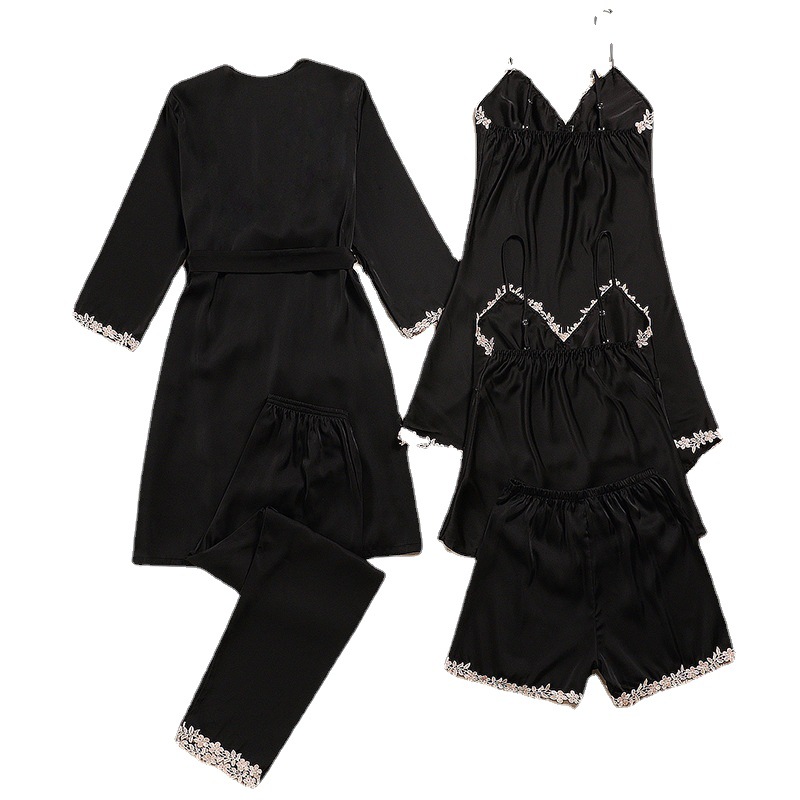 Ice Silk Women's Sexy Sleepwear Set with Lace Trim for Home Wear - Includes Shirt and Nightgown