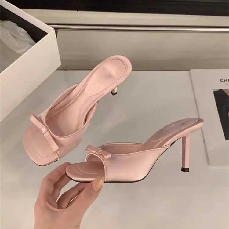 Shoes Ladies Slippers Low Slippers Wen Thin H Luxury Slides Square Toe Heeled Knife -Knot 2024 Designer Summer Y250304