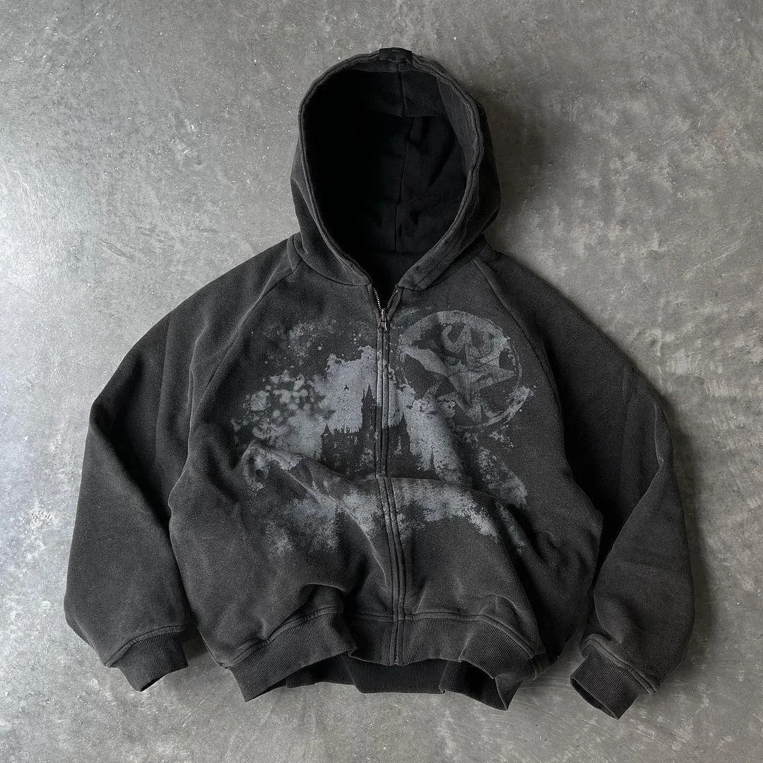 British Gothic Punk Style Printed Star Patch Embroidery Mens and Womens Hooded Cardigan Harajuku Retro Oversized Bat Sleeve Top 250304