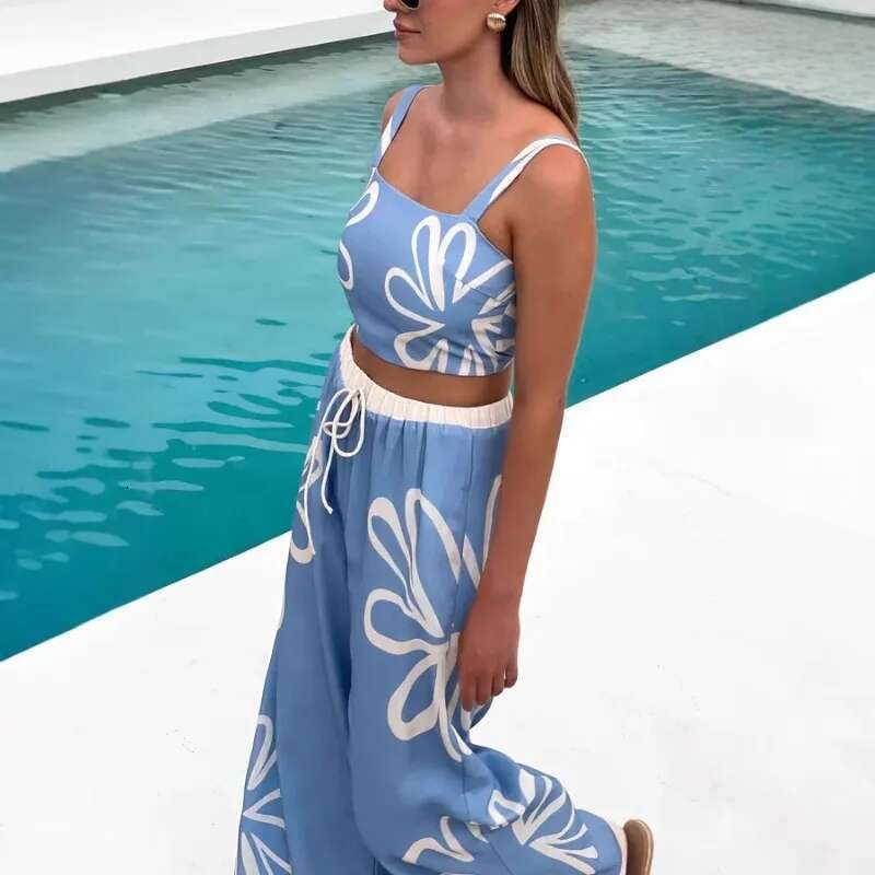 2025 New Summer Casual Women's Fashion Sexy Wer Strap Top Wide Leg Pants Set European And American
