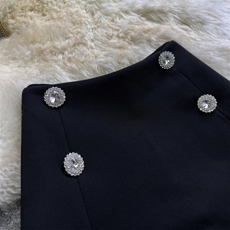 Heavy Diamond DoubleBreasted Suit Shorts Skirt Women Summer Korean Casual High Waist Slimming ALine Wide Leg 250304