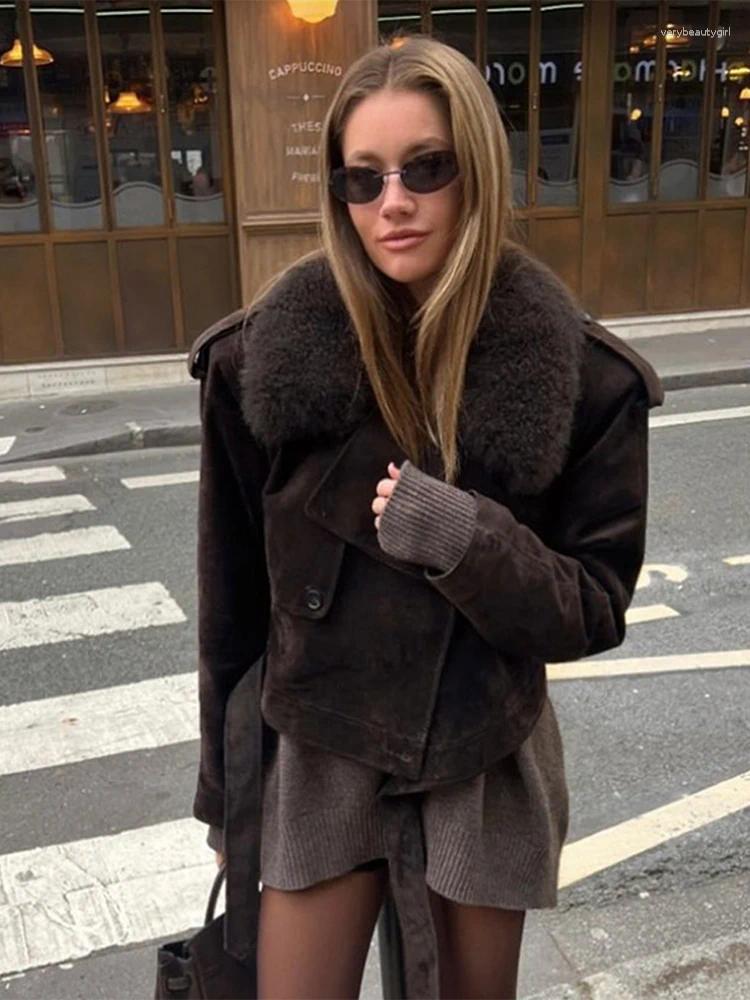 Women's fur coats Retro Faux Collar Suede Short Coats Women Elegant Lapel Lace Up Long Sleeved Outfits For Woman Autumn Solid High Street Outwear