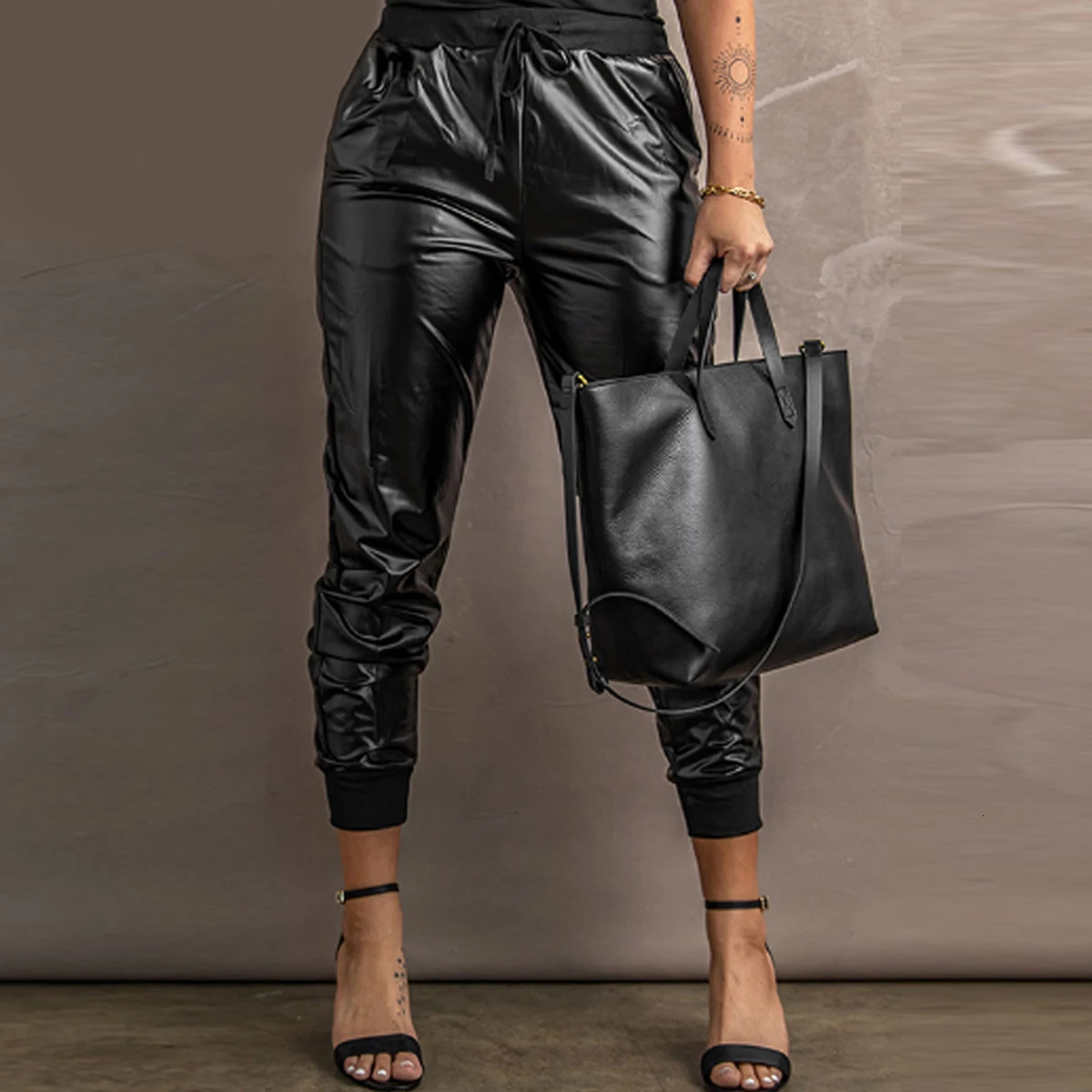 Womens Leather Drawstring Pocket n Mid Waist Loose Elastic Black Solid Color Long Pants 250304