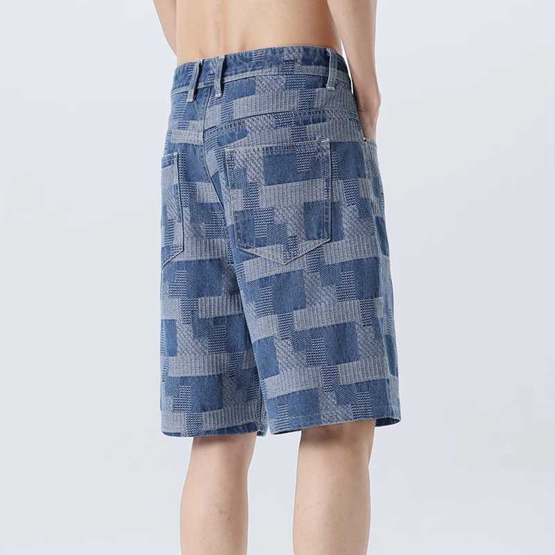 Fashion Plaid Denim Shorts for Men Summer New Straight Casual Splicing Jeans Streetwear Baggy Wide Short Pants MaleT250305