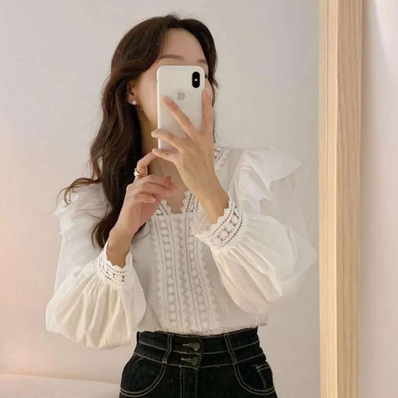 V-Neck Ruffles Puff Women Blouse Tops Long Sleeve White Shirts Fashion Casual Office Lady Elegant Clothing