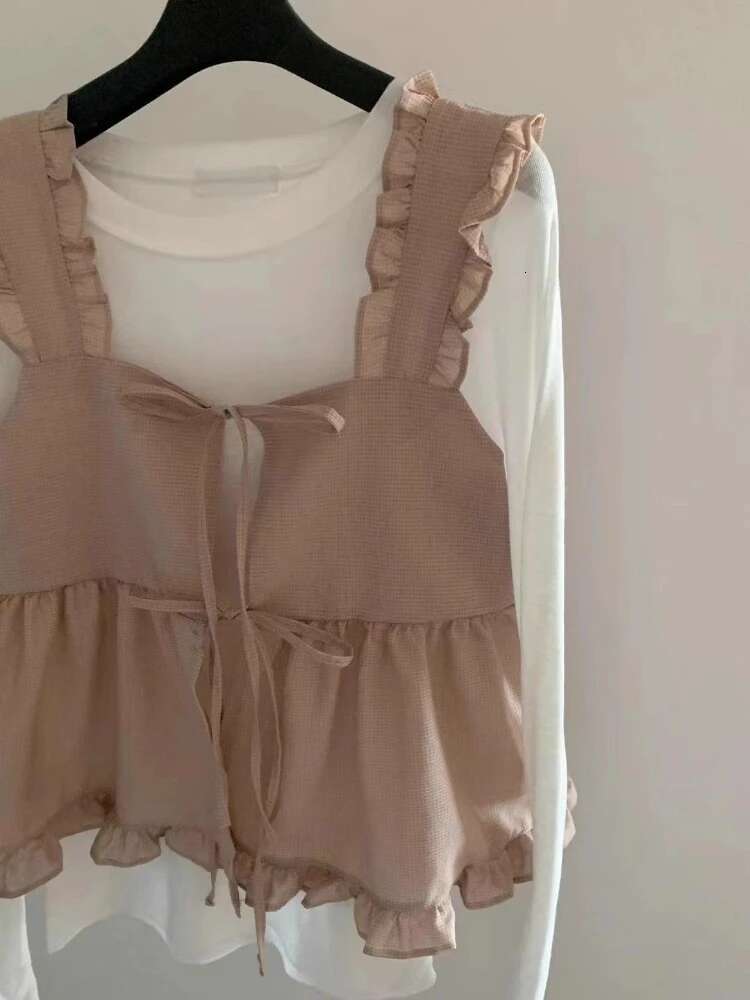 Fashion Chic T Shirts Long Sleeve Solid Color Tops Tees Plaid Ruffles Lace Up Vest Two Piece Set Y2k Haruku Vintage Clothing