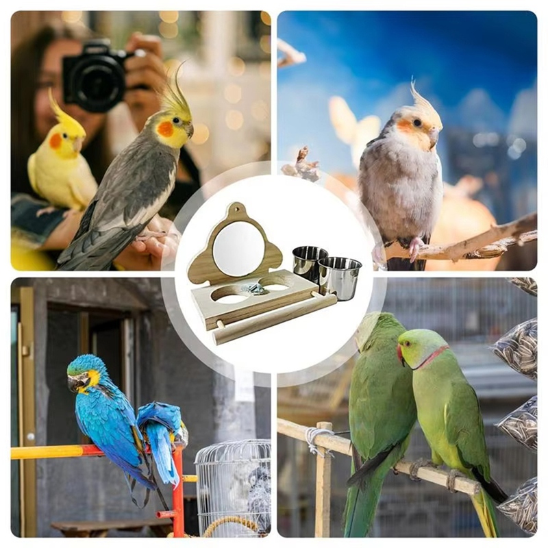 Parrot Perch Wooden Parakeet Mirror Toy Bird Parrot Perch With Mirror And Feeding Cups Cage Play Toy For Lovebird