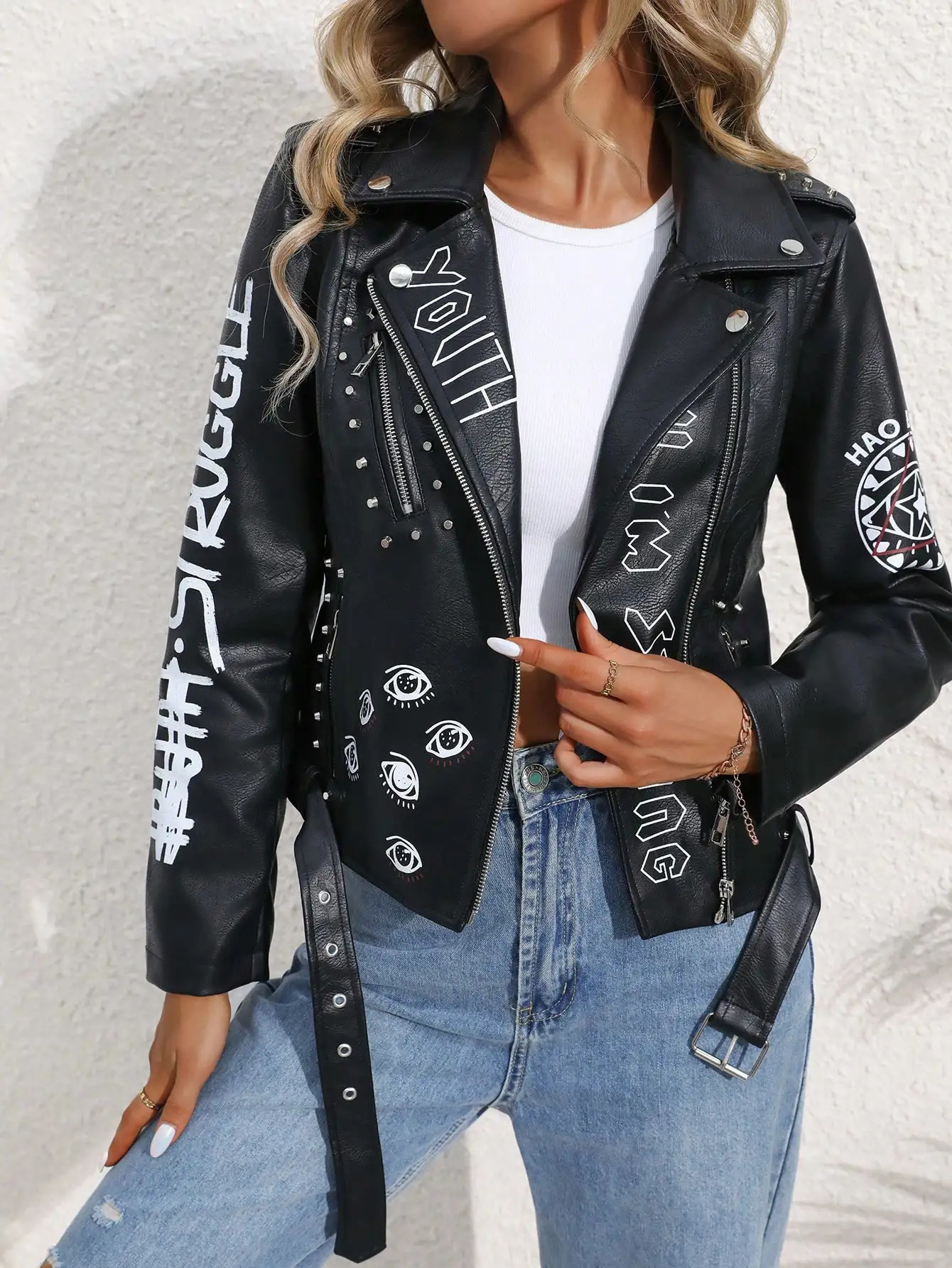 Fitaylor Women Faux PU Leather Jacket Casual Lady Lapel Zipper Graffiti Print Coat Motorcycle Bike Rivet Outwear 250226