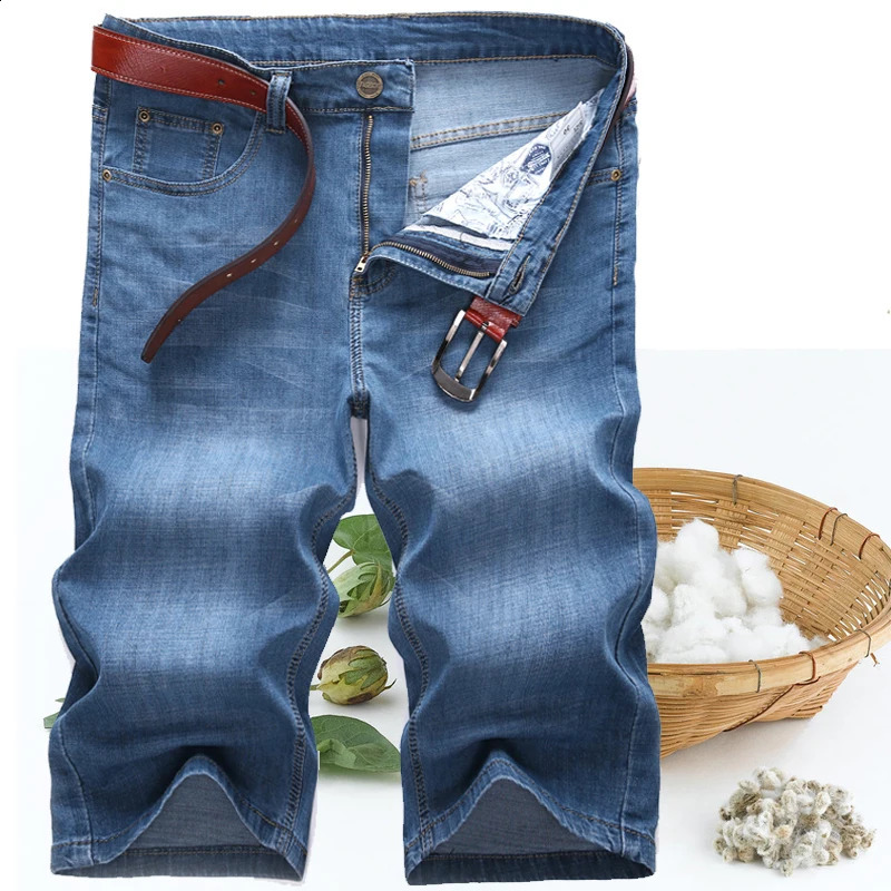 Summer Jeans Shorts Mens Denim Elastic Stretched Thin Short Jean Oversized Plus Light Blue 42 44 48 Male Calf Length Trousers 250304