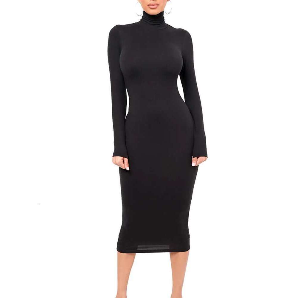 Black Winter Turtleneck Sexy Women Dress Autumn Long Sleeve Skinny Midi Boydcon Casual Blue Plush Knee-Length Party Club KLMY