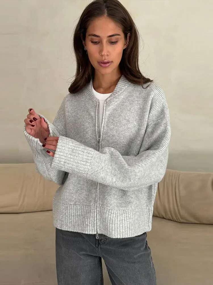 Vintage Knit Zipper Cardigan For Women Solid Color Loose O Neck Long Sleeve Sweater Female Spring Autumn All-Matching Knitwear