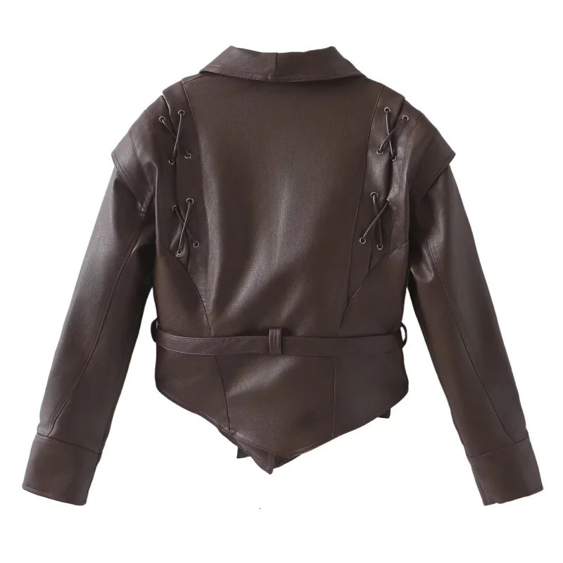 Women Leather Bomber Jackets Coats With Belt Notched Shoulder Pads Motorcycle Street Chic Short Outwear Fashion Solid Lace Up 250226