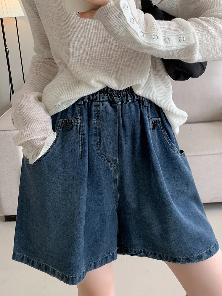 2024 Summer Plus Size Denim Shorts For Women High Elastic Wasit Wide Leg Loose Blue Jean Short Streetwear Half Jeans 250304