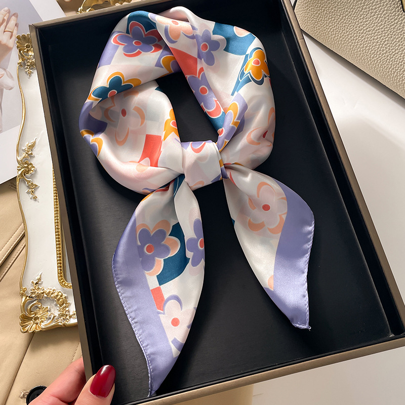 70cm Scarf Simple Geometric Print Floral imitate Silk Scarf Headband for Women Girls Fashion Long Handle Bag Scarves Paris Shoulder Tote Luggage Ribbon Head Wraps