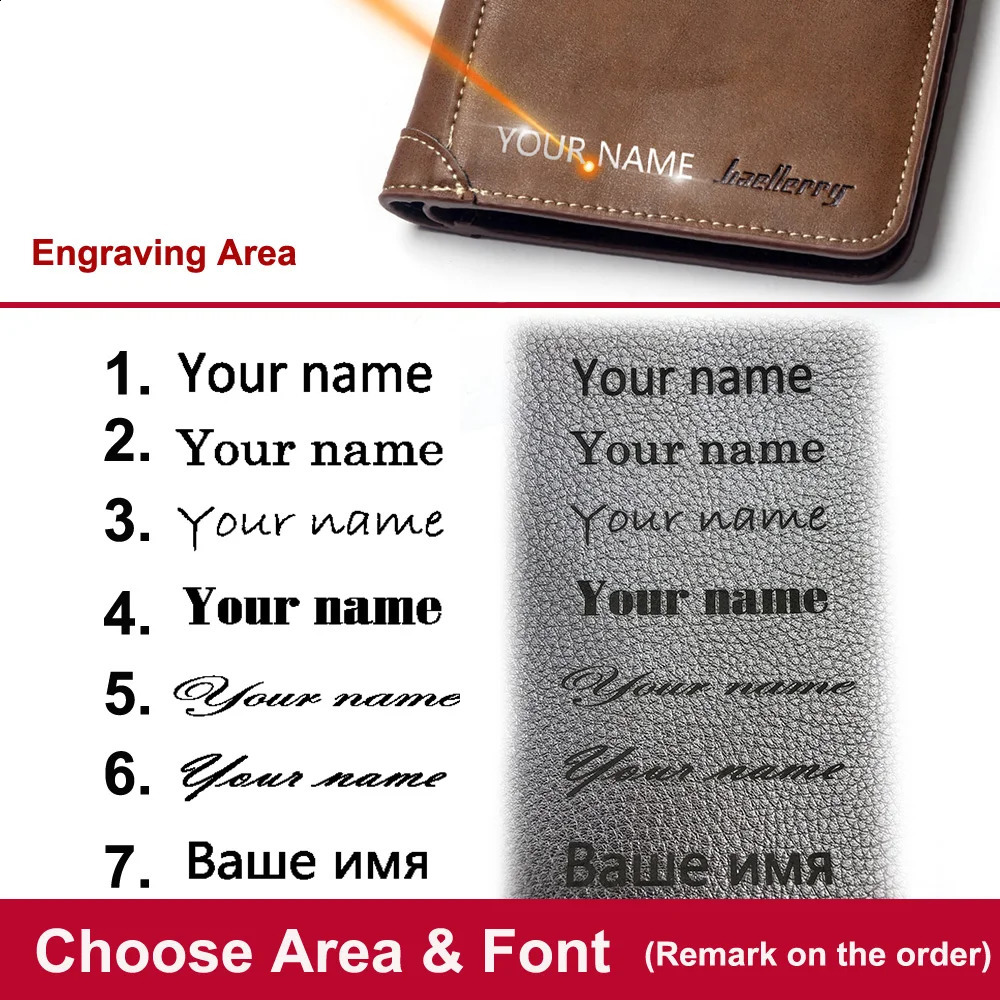 Baellerry Short y Men Wallets High Quality PU Leather Vintage Name Engraving Male Wallet Card Holder Small Purse 250305