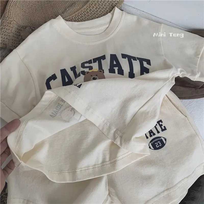 Summer Toddler Baby Girl Solid Cotton Clothes Short Sleeve Bear Printed T-shirts and Shorts 2pcs Set Kid Boy TracksuitsXJ250305