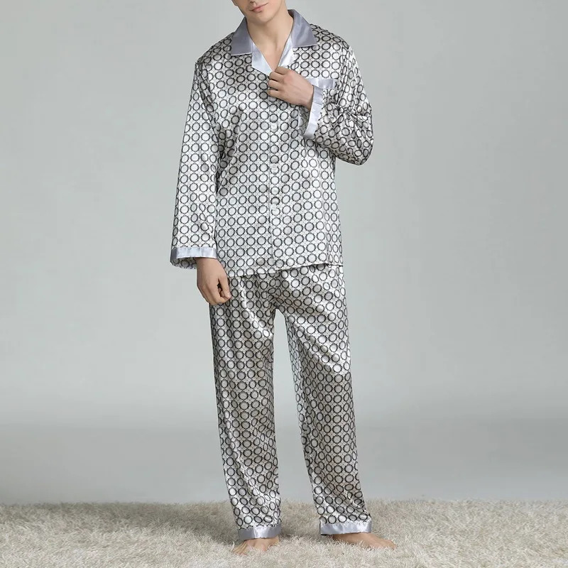 Mens Satin Silk Pajama Sets Sleepwear Casual Nightgown Loose Loungewear Pajamas Pijamas Autumn Print Nightwear Homewear 250304