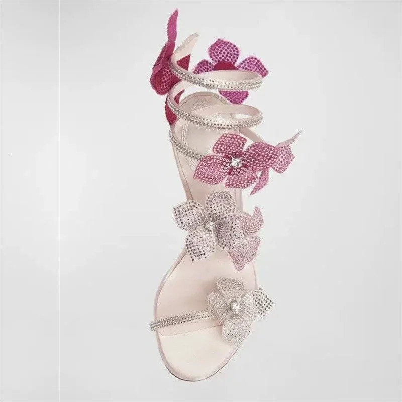 Crystal Flower Thin High Heels Sandals for Women - hot Street Style, Narrow Band Ankle Strap, Pole Dancing Shoes