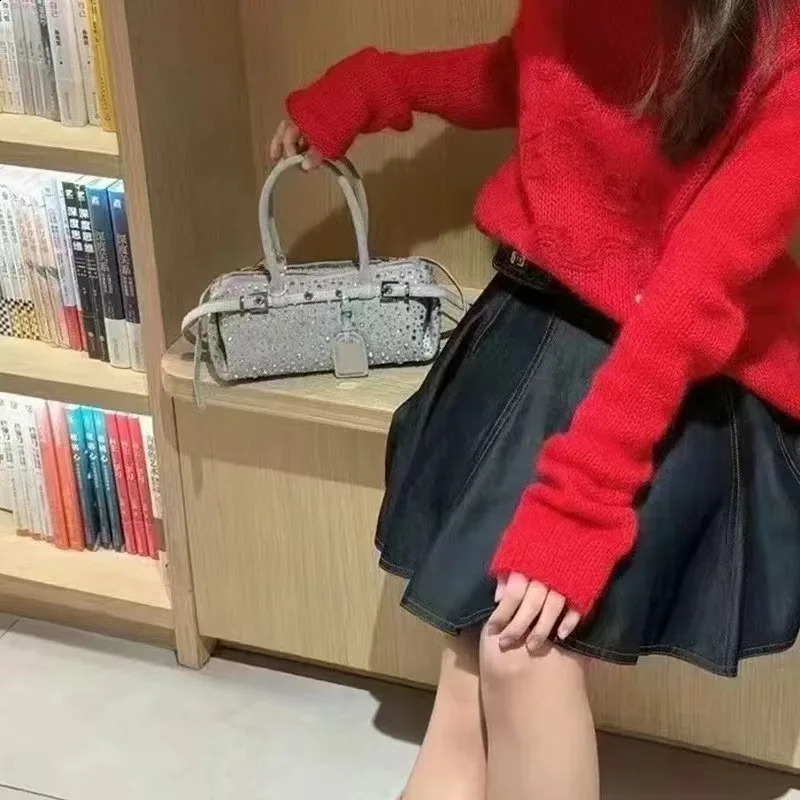 Spring Denim Diamond Handbag Niche Womens Boston Shoulder Bag Blue Denim Chain Crossbody Bag Ladies Pillow Bag 250304