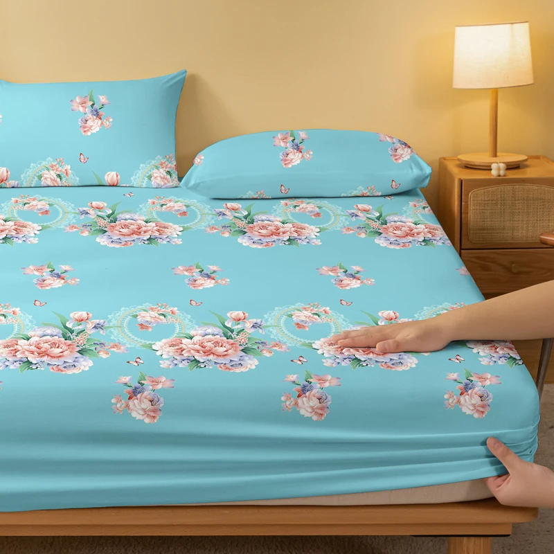 1 Simple Modern Plant Flower Printed Matte Fitted Sheet, Bedroom Printed Bed Cover, Bedding (Excluding Pillowcases)