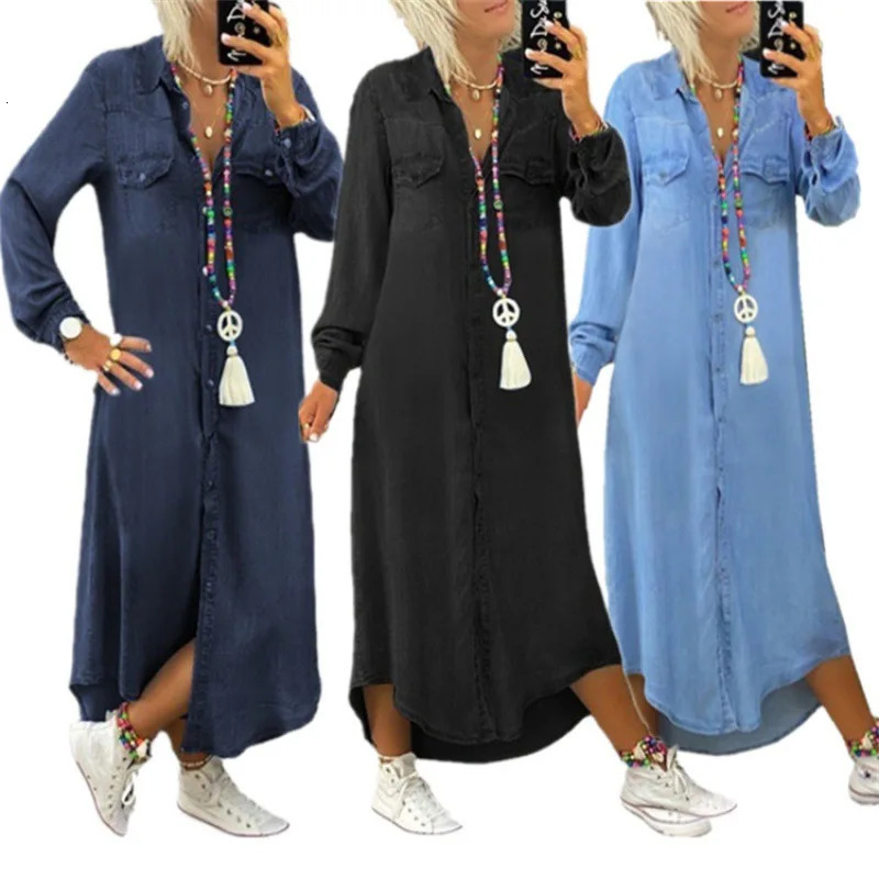 Vintage Womens Elegant Shirt Jeans Dress Large Size Turn Down Collar Solid Full Sleeve Loose Plus Long Dresses 250225
