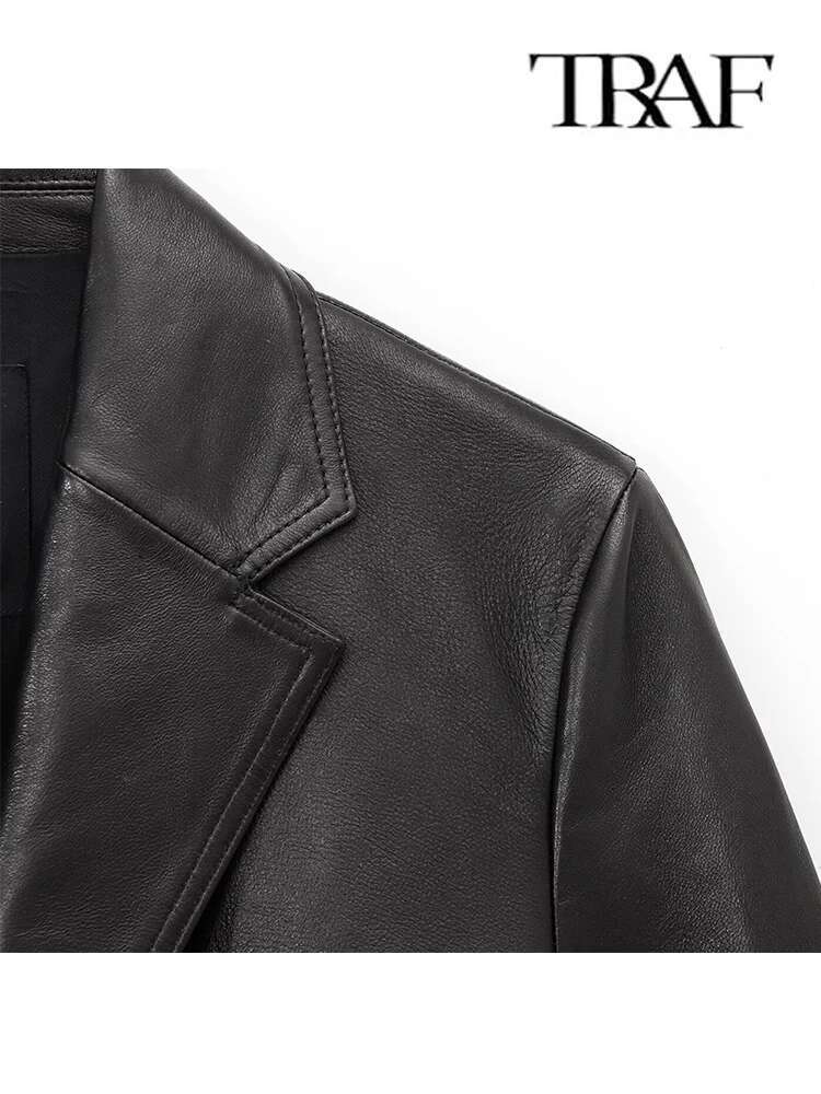 TRAF 2025 Women's Jacket Leather Blazers Spring Autumn Fashion Single Button Coat Casual Vegetable Tanned Sheepskin Suit New