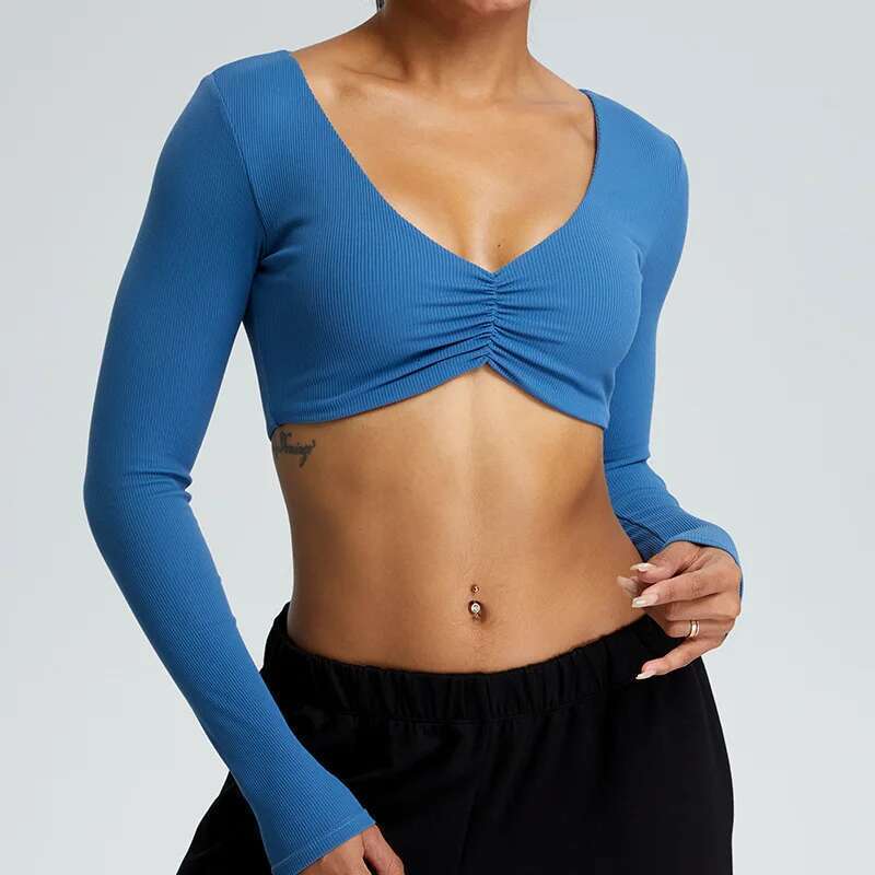Crop Sexy Ribbed Long Sleeves Shirts For Women Yoga Sports Fiess Running Clothes Push Up Workout Top Kl-My