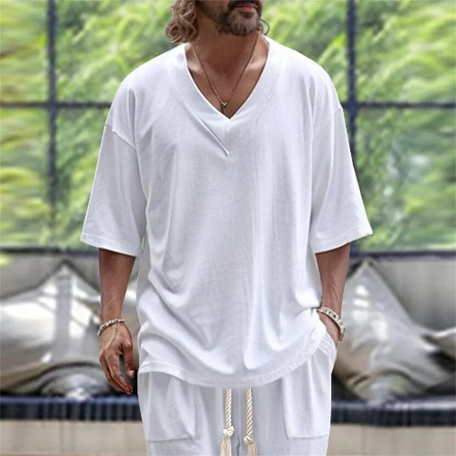 Mens twopiece casual solid loose summer half sleeved Vneck Tshirt and pants mens sportswear 250224