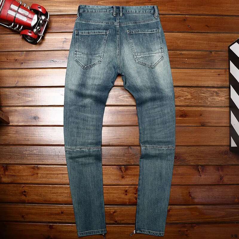 Street Style Zipper Design Motorcycle Jeans For Trendy Wild Stretch Slim Fit Skinny 2024 New Retro Trousers Men