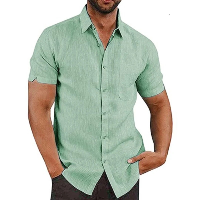2024 cotton linen selling mens short sleeved shirt summer solid color lapel casual beach style plus size 250227Z