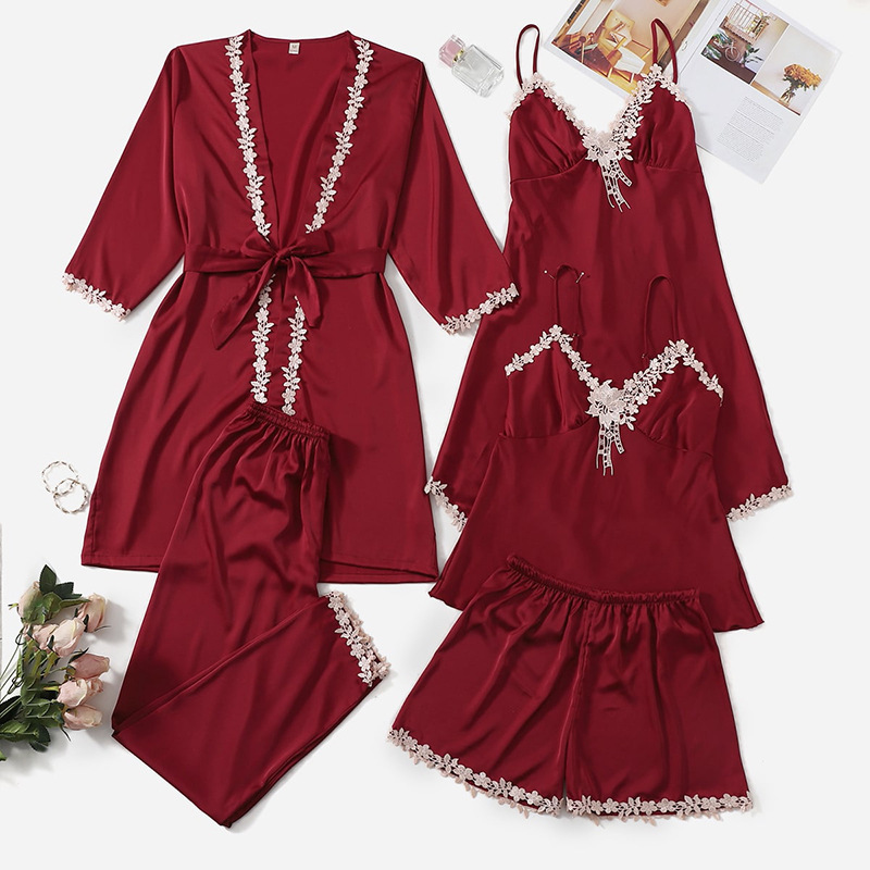 Ice Silk Women's Sexy Sleepwear Set with Lace Trim for Home Wear - Includes Shirt and Nightgown