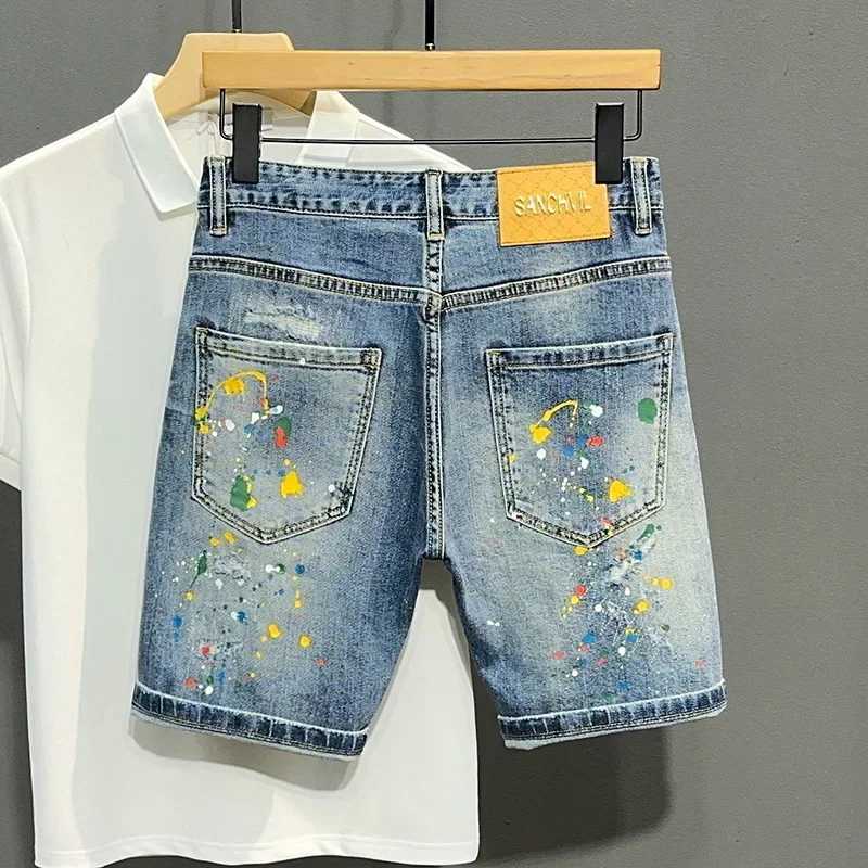 Trendy Denim Shorts For Men Summer Style Washed Blue Hole Punk American Style Slim Fit Graffiti Painted Mid Waist PantsT250305