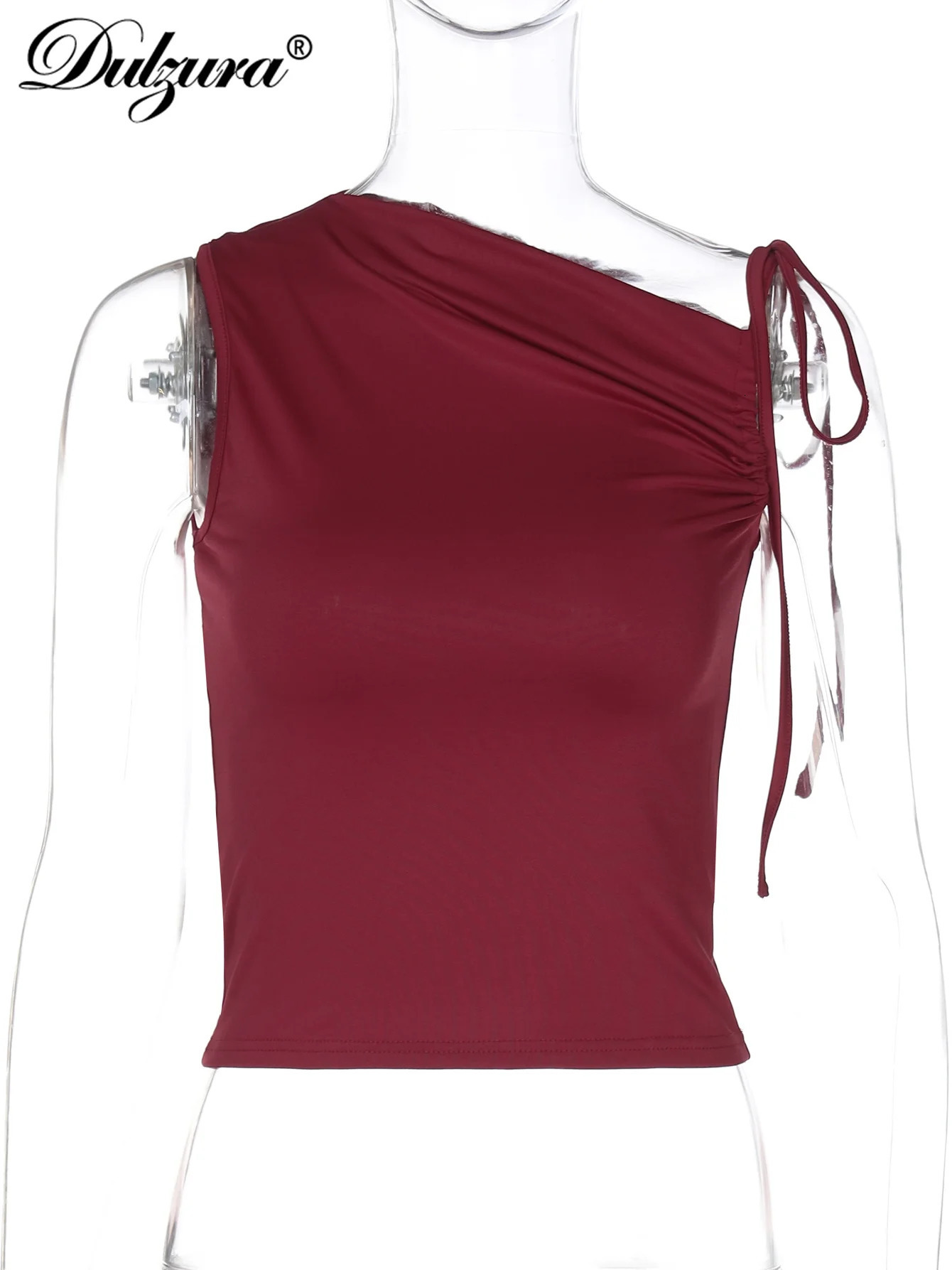 Sweet Sleeveless Skew Collar Ruched Lace Up Bodycon Crop Top Sexy Elegant Casual Tank Party Club Streetwear Spring Summer 250304