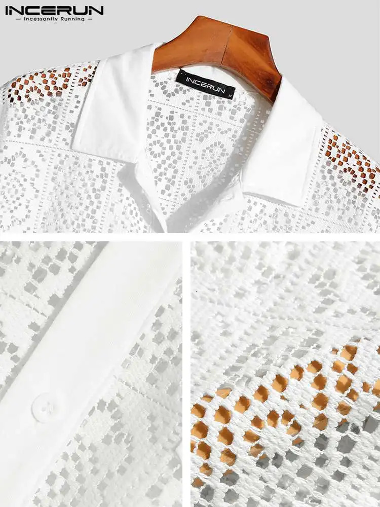 Fashion Casual Style Mens Tops INCERUN Hollow Lace Pane Flower Printed Blouse Male Knitted Short-sleeved Shirts S-5XL 250304