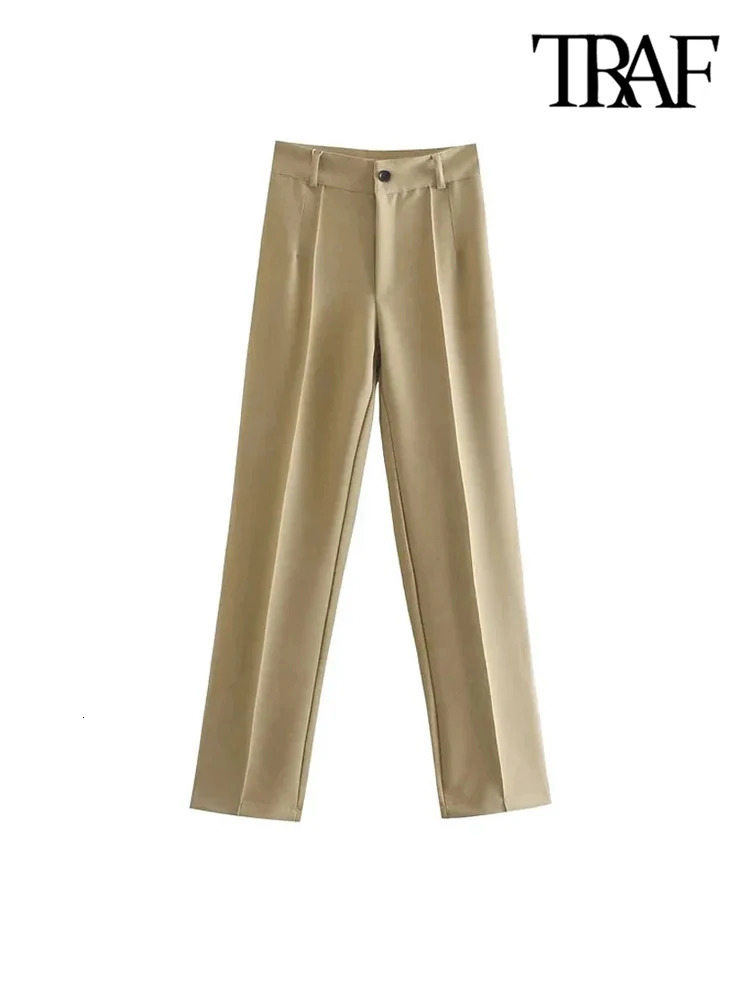 TRAF Women Chic Fashion Office Wear Straight Pants Vintage High Waist Zipper Fly Female Trouser 250304