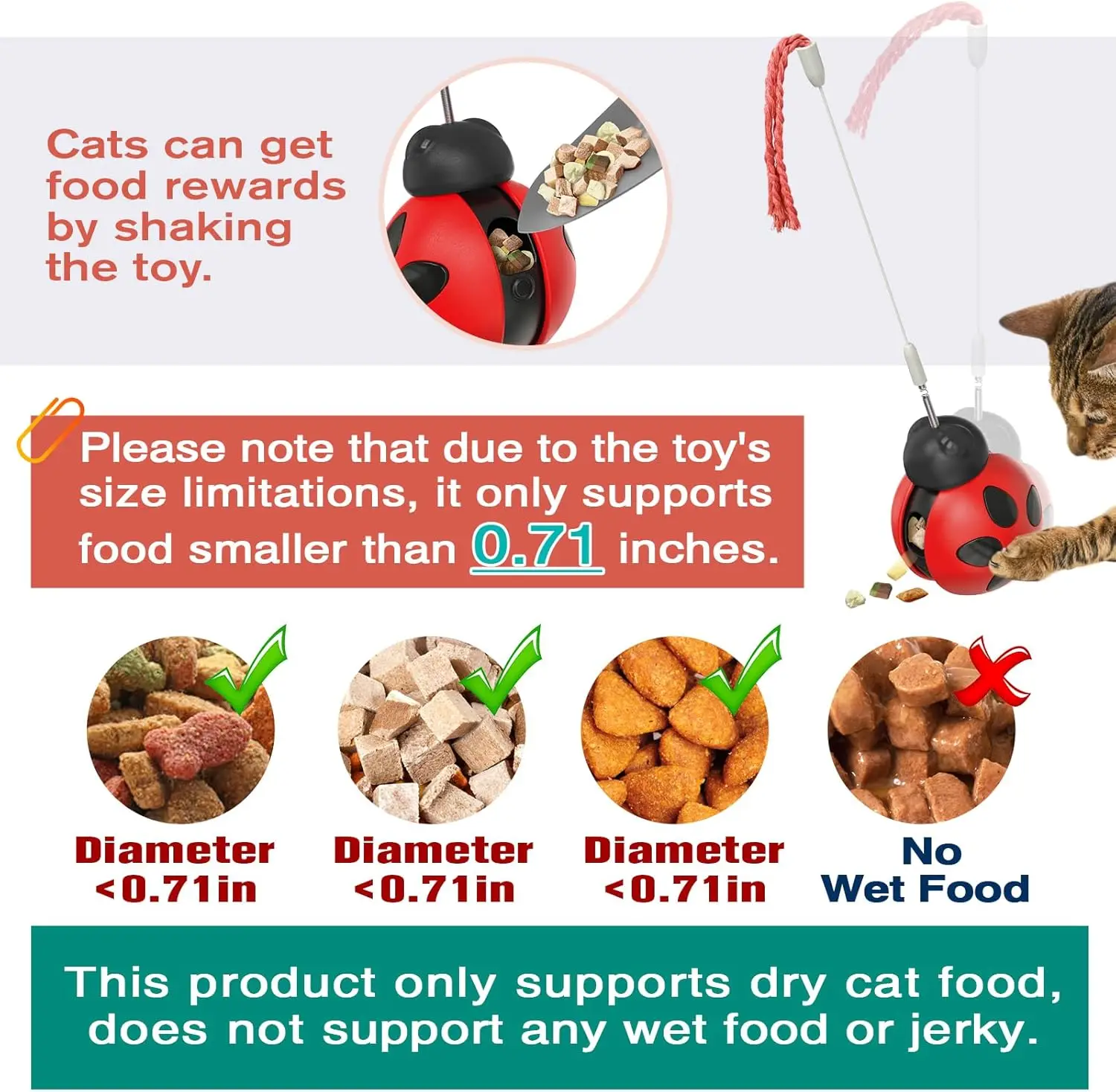 Cat Treat Dispenser Toy, Rolling Wobble Design with Spring Teaser Wand, Interactive Food Puzzle for Cats