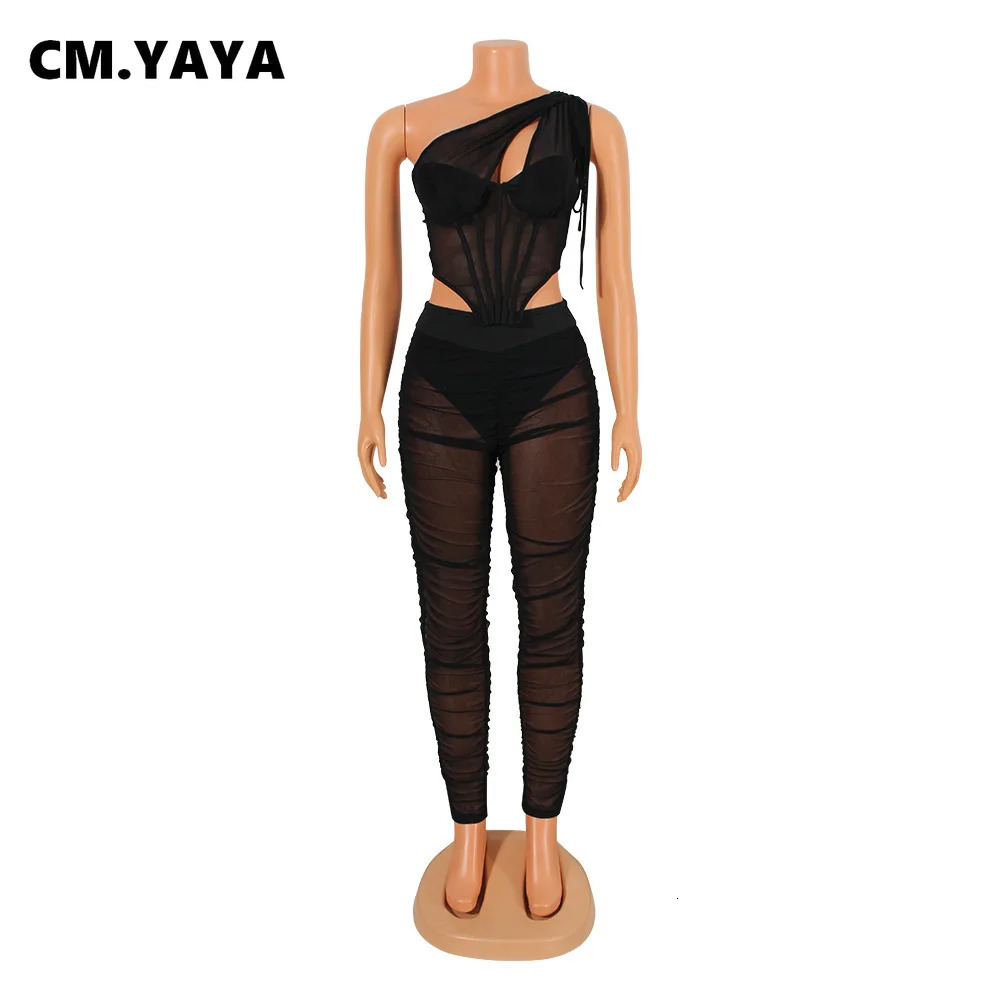 CM.YAYA Mesh See Though Womens Set One Shoulder Sleeveless Crop Top and Stacked Pants Suit Two 2Piece Set Outfit Tracksuit 250304