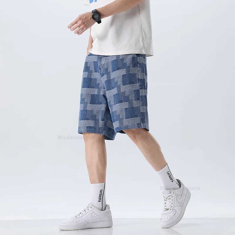 Fashion Plaid Denim Shorts for Men Summer New Straight Casual Splicing Jeans Streetwear Baggy Wide Short Pants MaleT250305