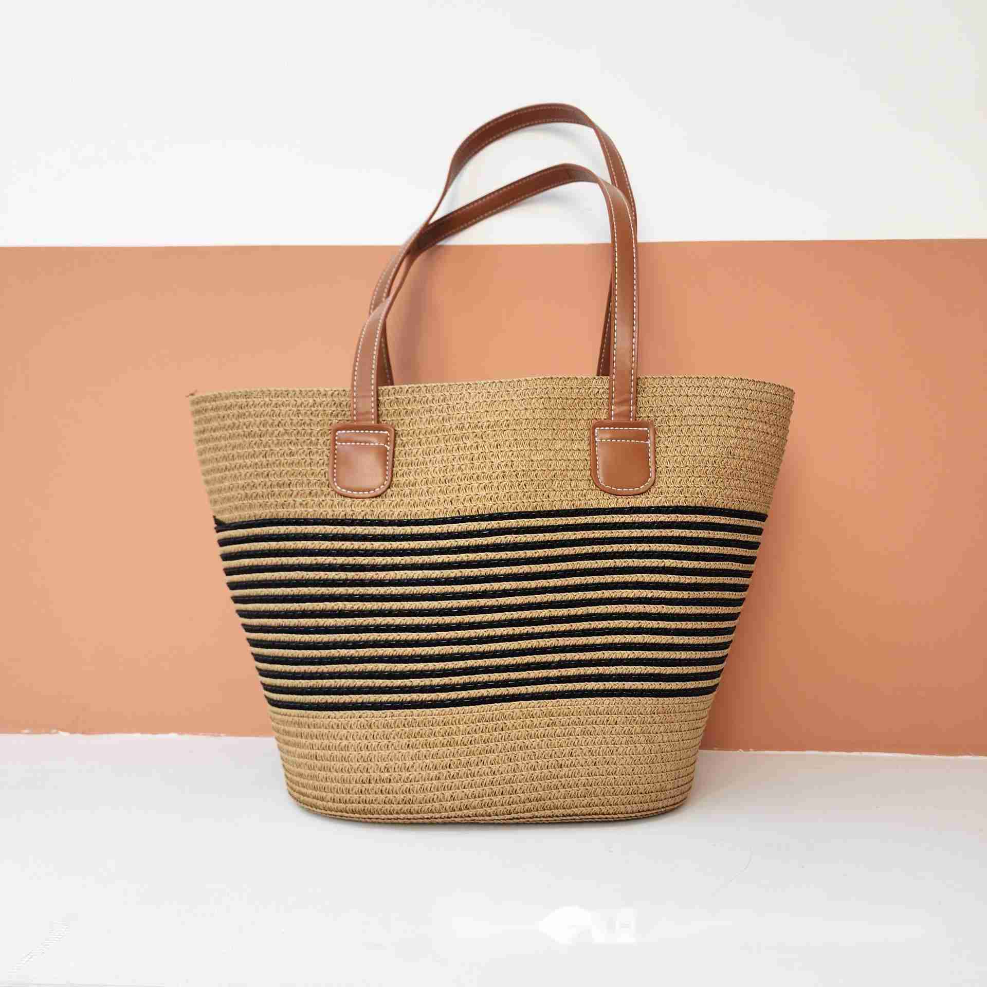 Grass Woven Bag for Women, Summer Seaside Tote Bag, Large Capacity Woven Shoulder Bag, Rattan Woven Grass Bag, Vegetable Basket, Water Bucket Bag, Tre