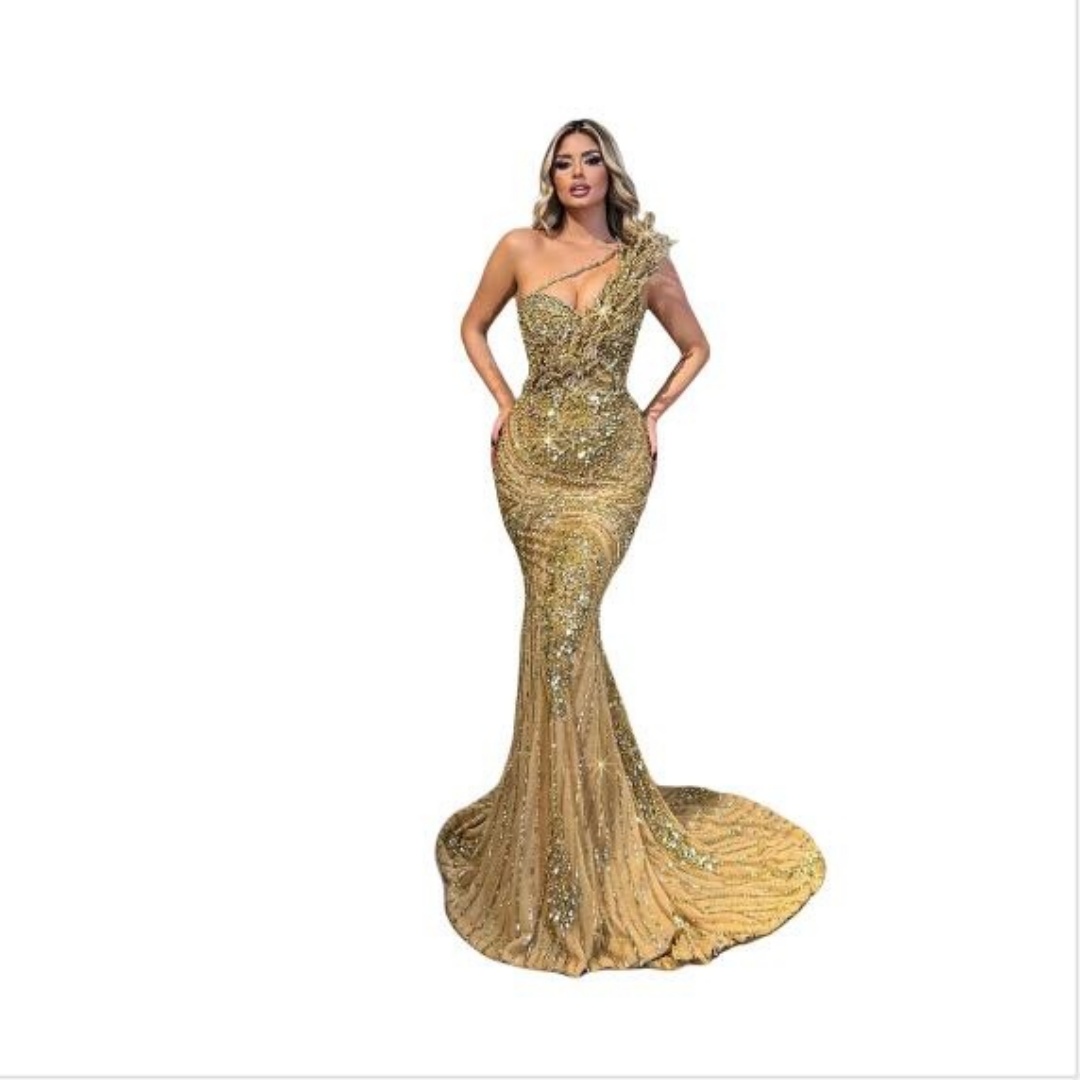 One Shoulder Golden Mermaid Prom Dresses Elegant Sequined Beaded Sleeveless Party Dress Applique Crystal Evening Gown Customized