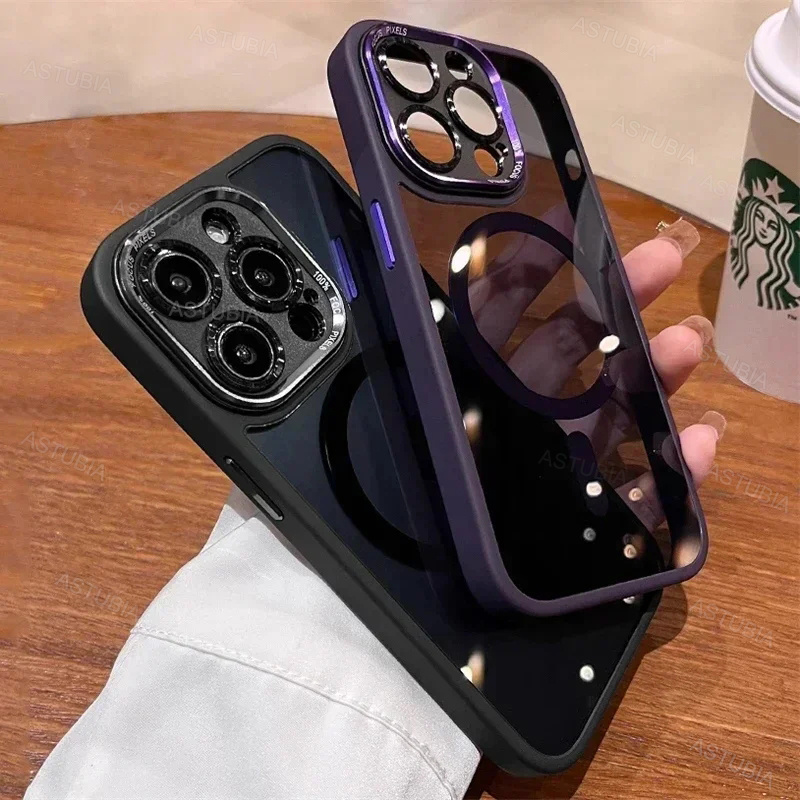 Clear Metal Camera Bumper Case For iPhone 16 Pro Max 15 16 Plus 11 13 14 15 Pro Max For Magsafe Magnetic Lens Protection Transparent Shockproof Cover