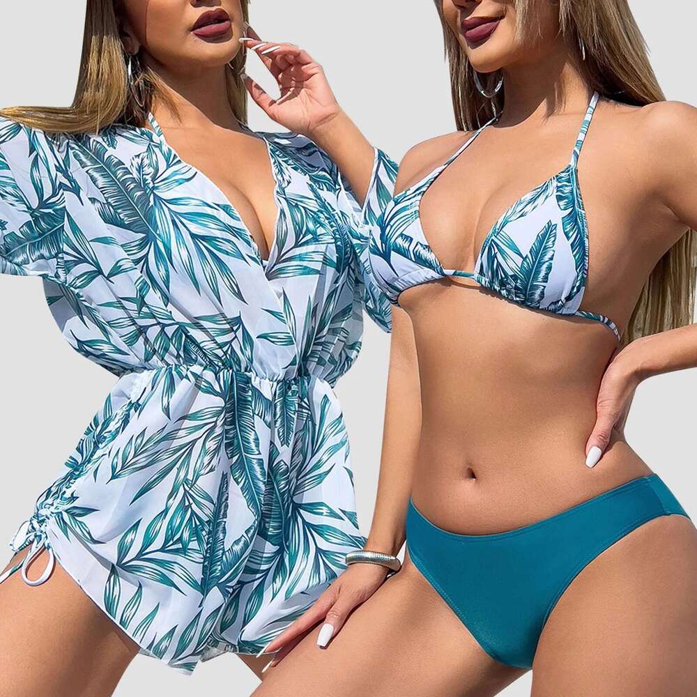 Bikinis Print Set Shorts Cover-Up String Swimsuit Vacation Swimwears Micro Bathing Suit Women 3-Piece Brazilian Beachwear Km-Ly