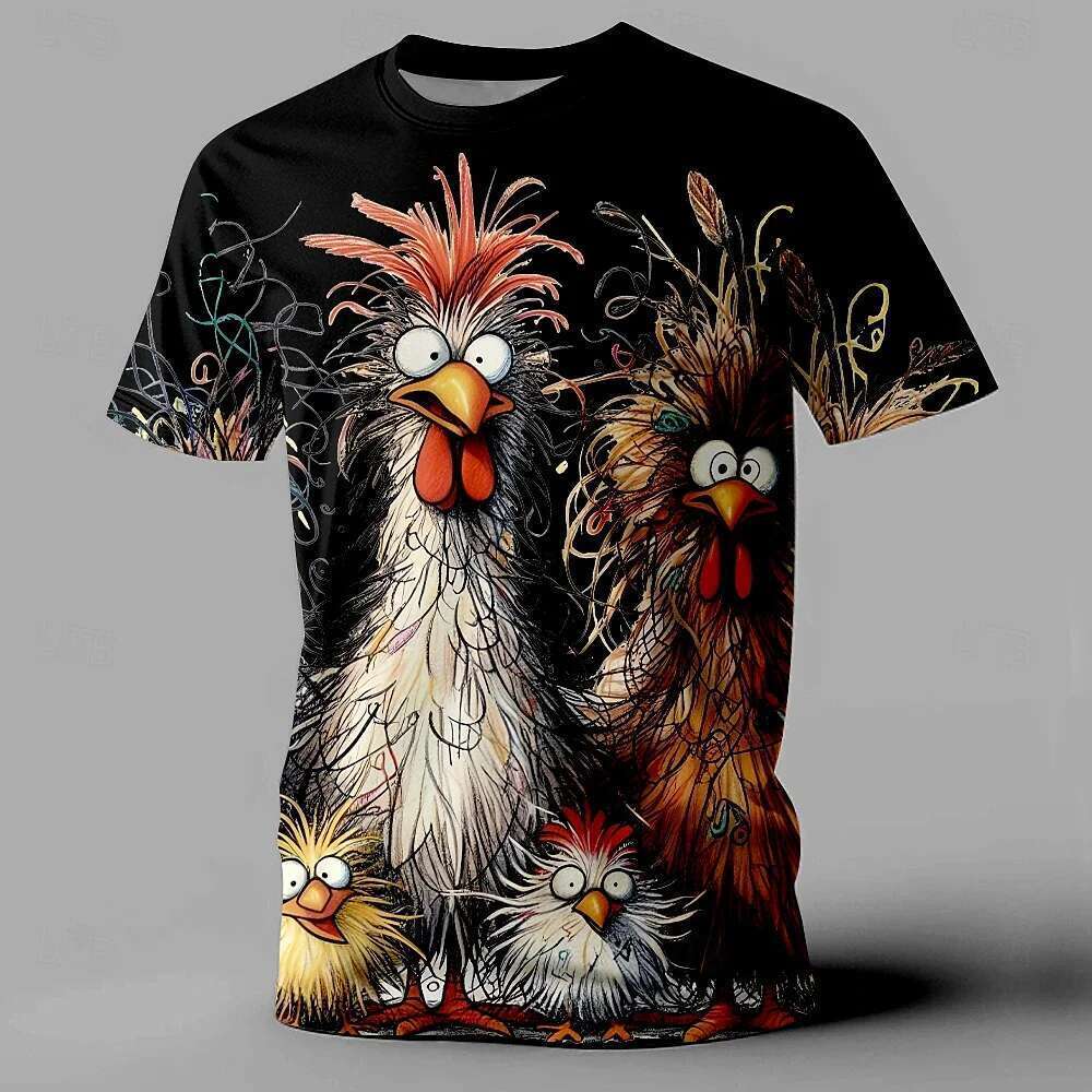 T-shirt short sleeves round neck for men, humorous and casual, printed animal chicken, street fashion, oversized clothing, summer