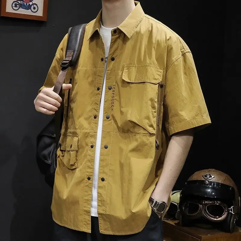 Mens Shirts Plain Short Sleeve with Pocket Shirt Clothing Summer Japanese Vintage Aesthetic Casual Fashion 2024 I 250227
