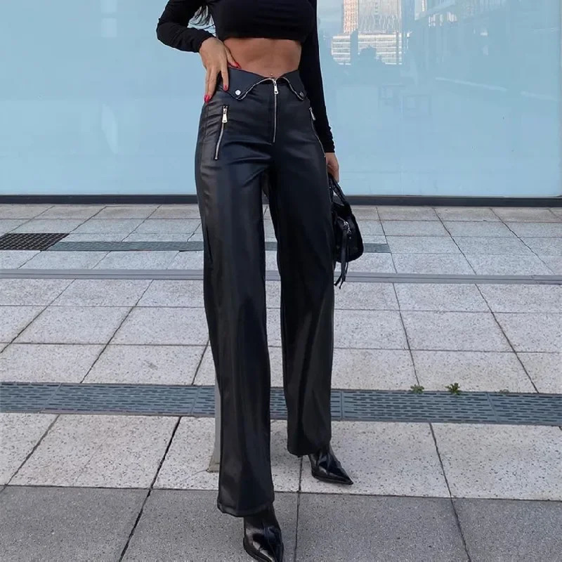 Candy PU Leather Zipper Slim Pants Y2K Casual Party Streetwear Highwaist Straight Leg 2024 Gothic Chic Women Trousers 250304