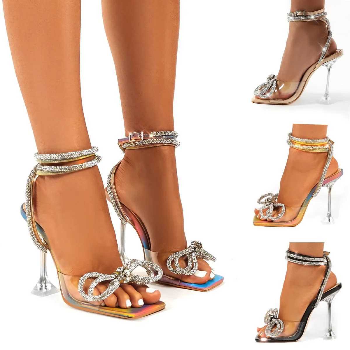 Comemore 2025 Rhine Bowknot Women Sandals Transparent High Heels Summer Sexy Square Toe Ankle Buckle Strap Shoes StilettoXJ2500305
